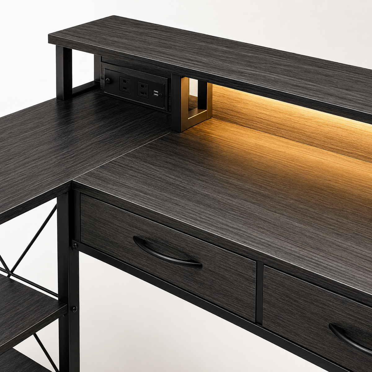 Bureau d'angle 200 cm gris foncé avec rangement, LED et USB