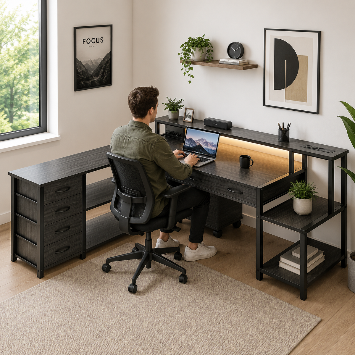 Bureau d'angle 200 cm gris foncé avec rangement, LED et USB