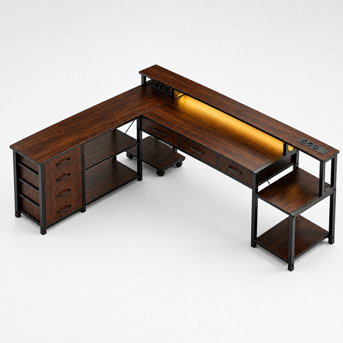 Bureau d'angle 200 cm marron avec rangement, LED et USB