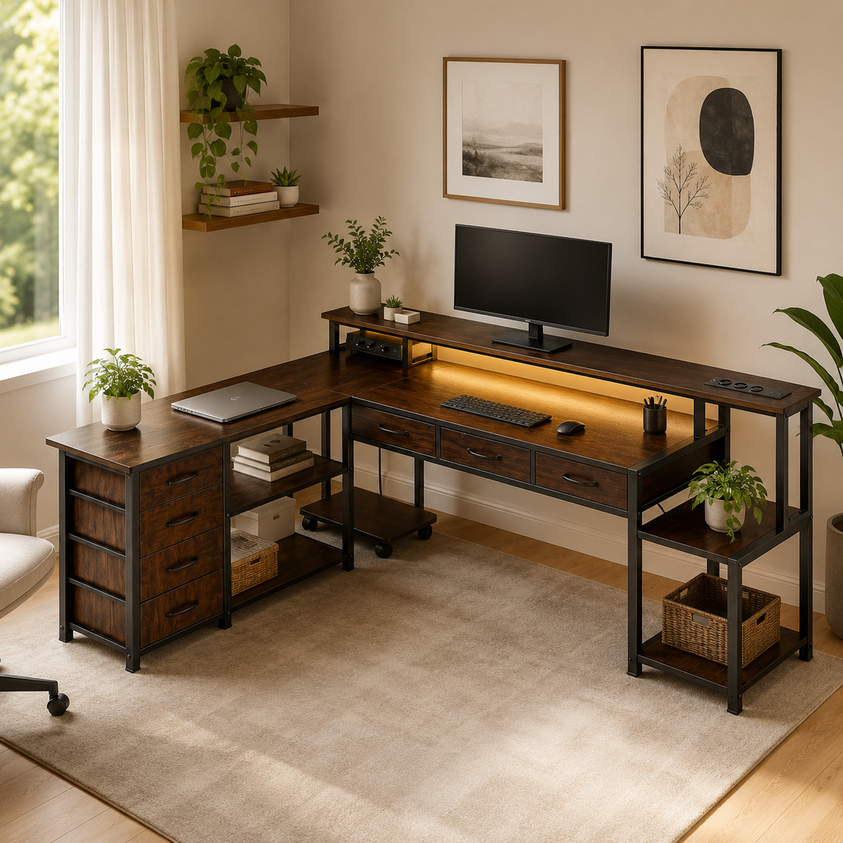 Bureau d'angle 200 cm marron avec rangement, LED et USB