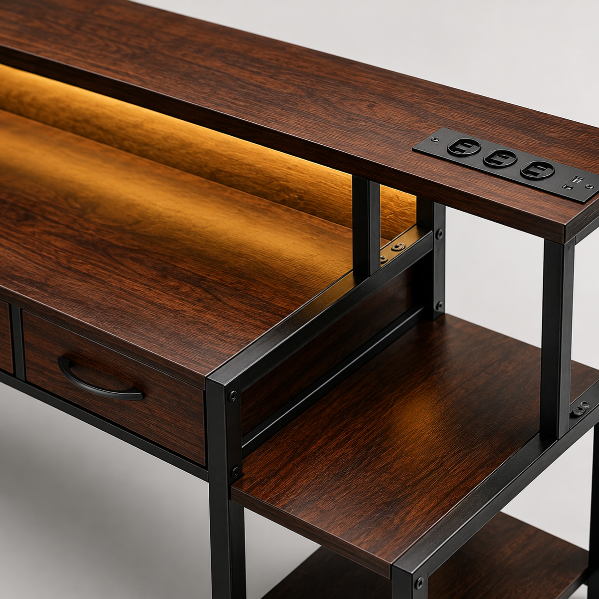 Bureau d'angle 200 cm marron avec rangement, LED et USB