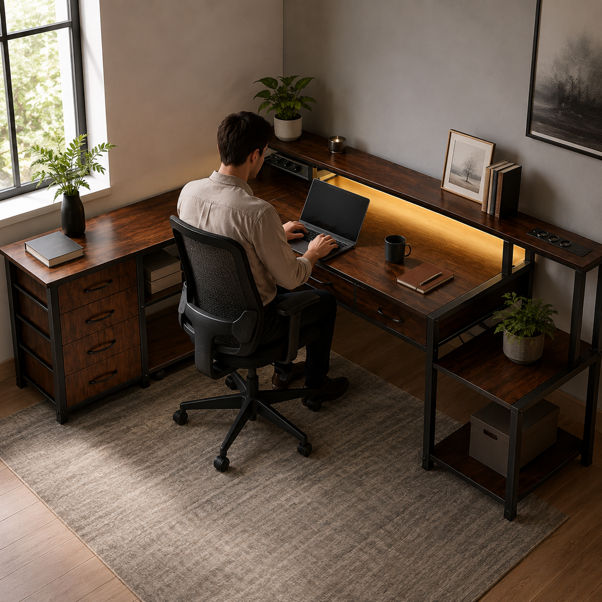 Bureau d'angle 200 cm marron avec rangement, LED et USB