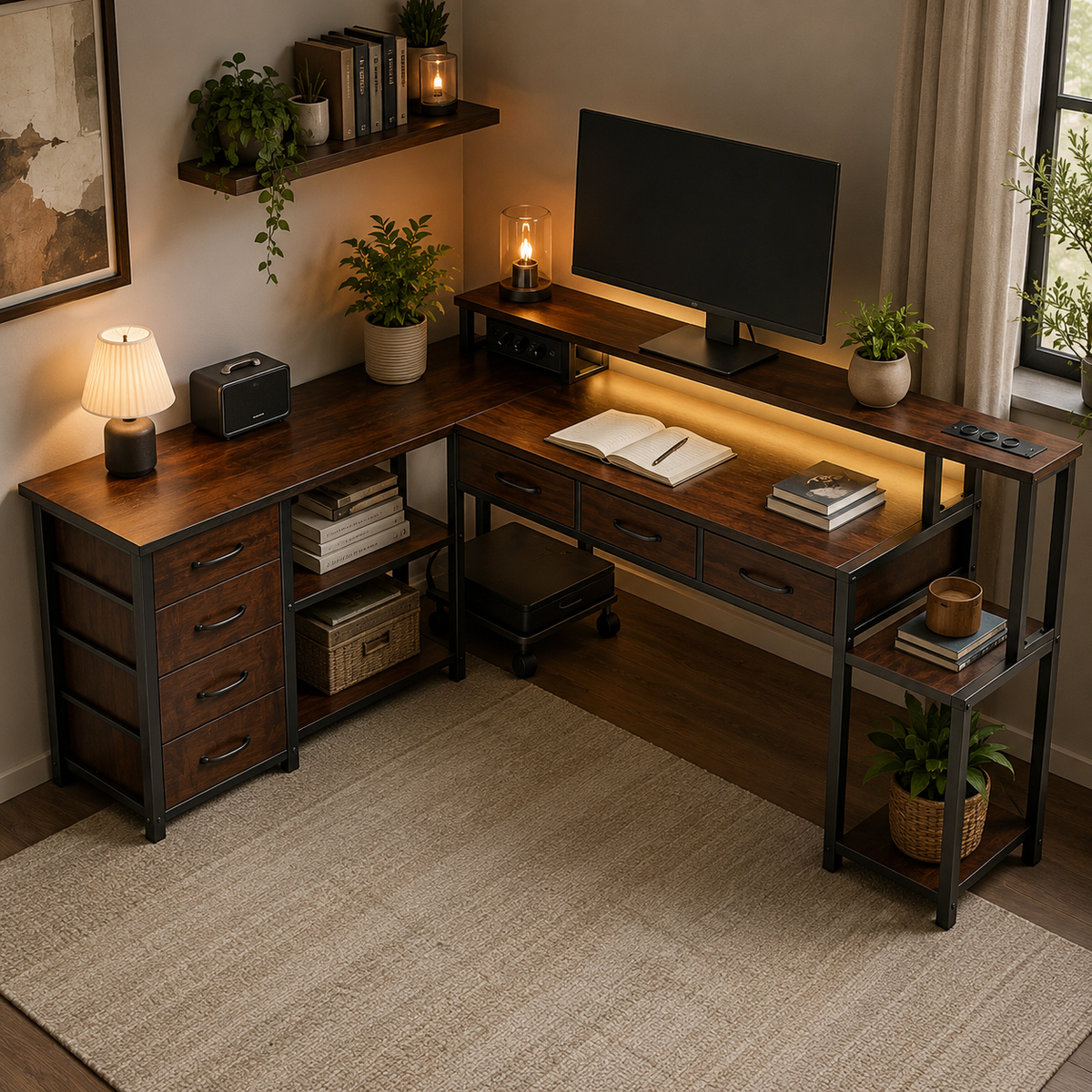 Bureau d'angle 200 cm marron avec rangement, LED et USB