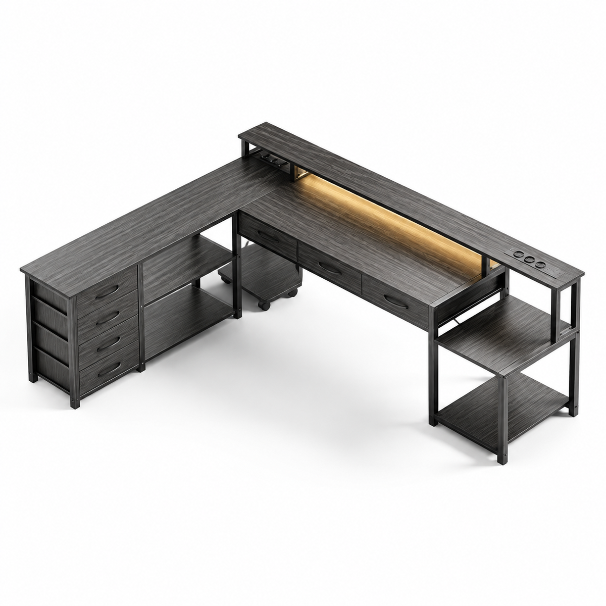 Bureau d'angle 200 cm gris foncé avec rangement, LED et USB