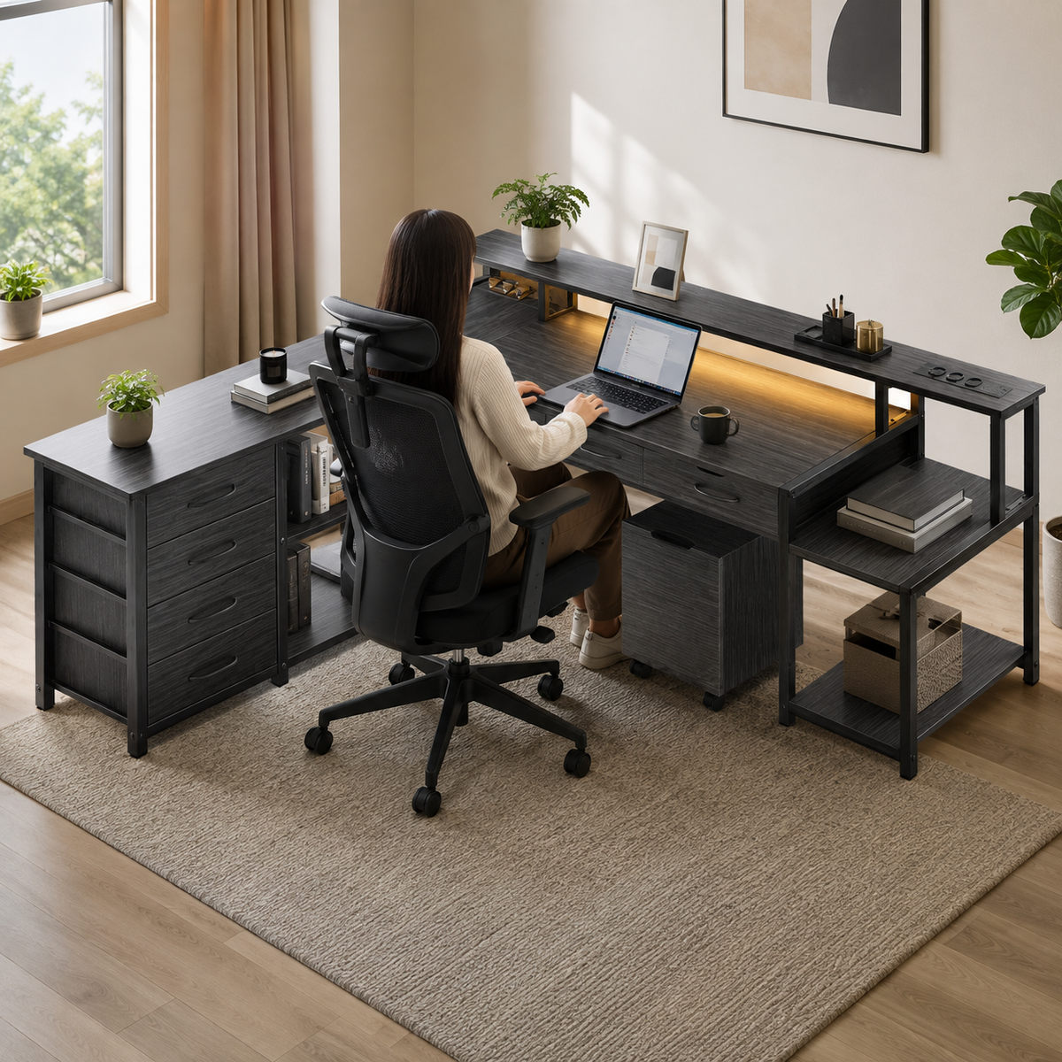 Bureau d'angle 200 cm gris foncé avec rangement, LED et USB