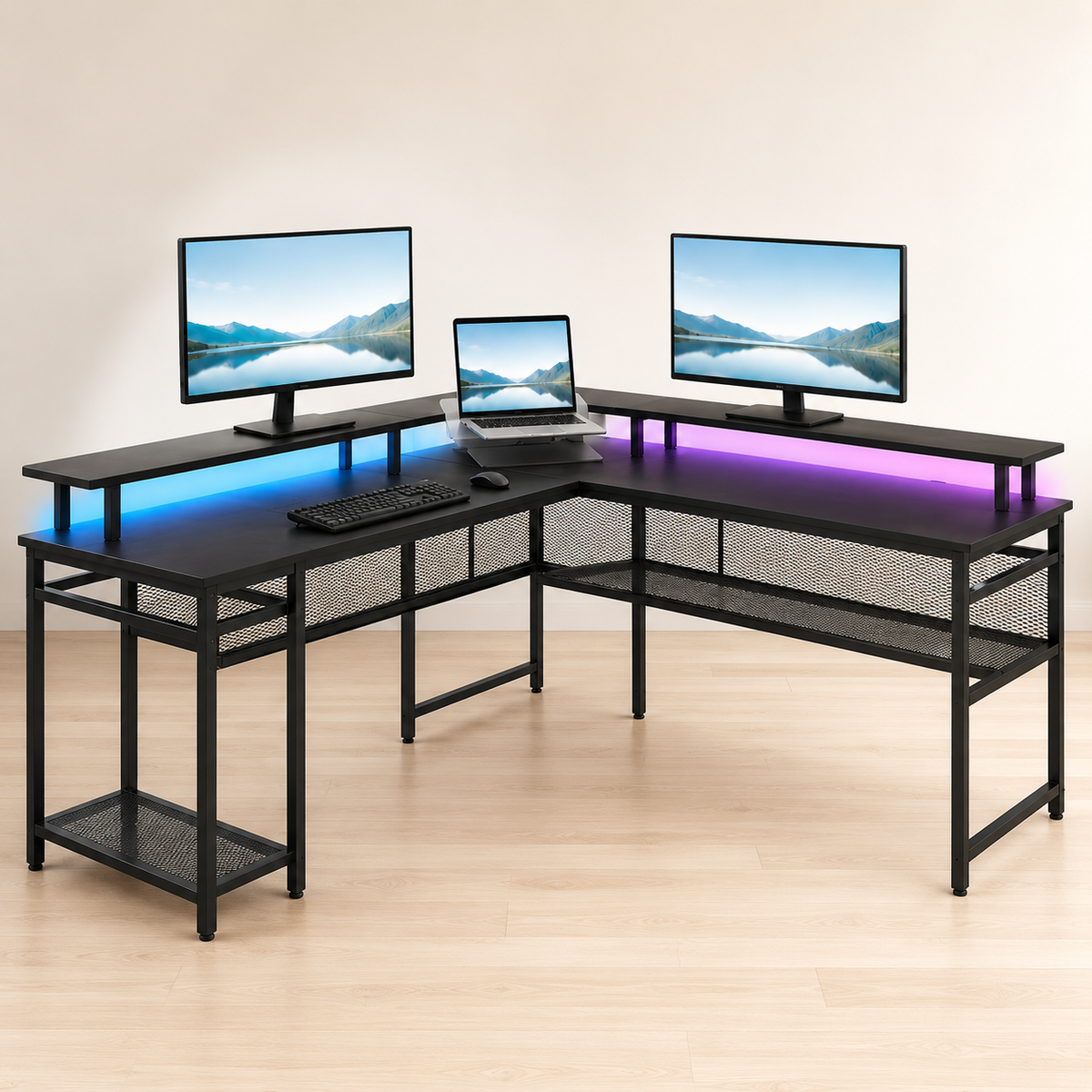 Bureau d'angle réversible noir 136 × 118 cm avec LED, prises et rangements