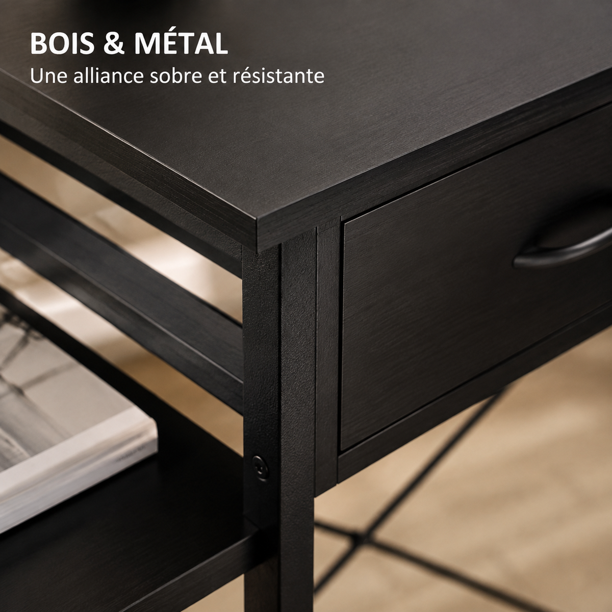 Bureau d'angle 200 cm noir avec rangement, LED et USB