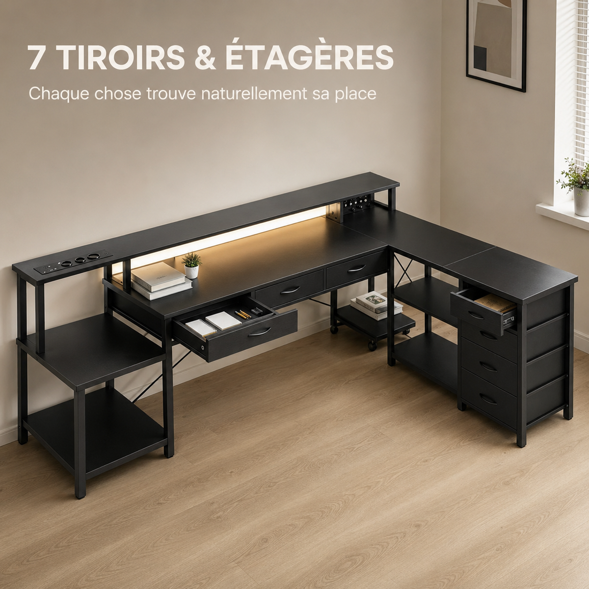 Bureau d'angle 200 cm noir avec rangement, LED et USB