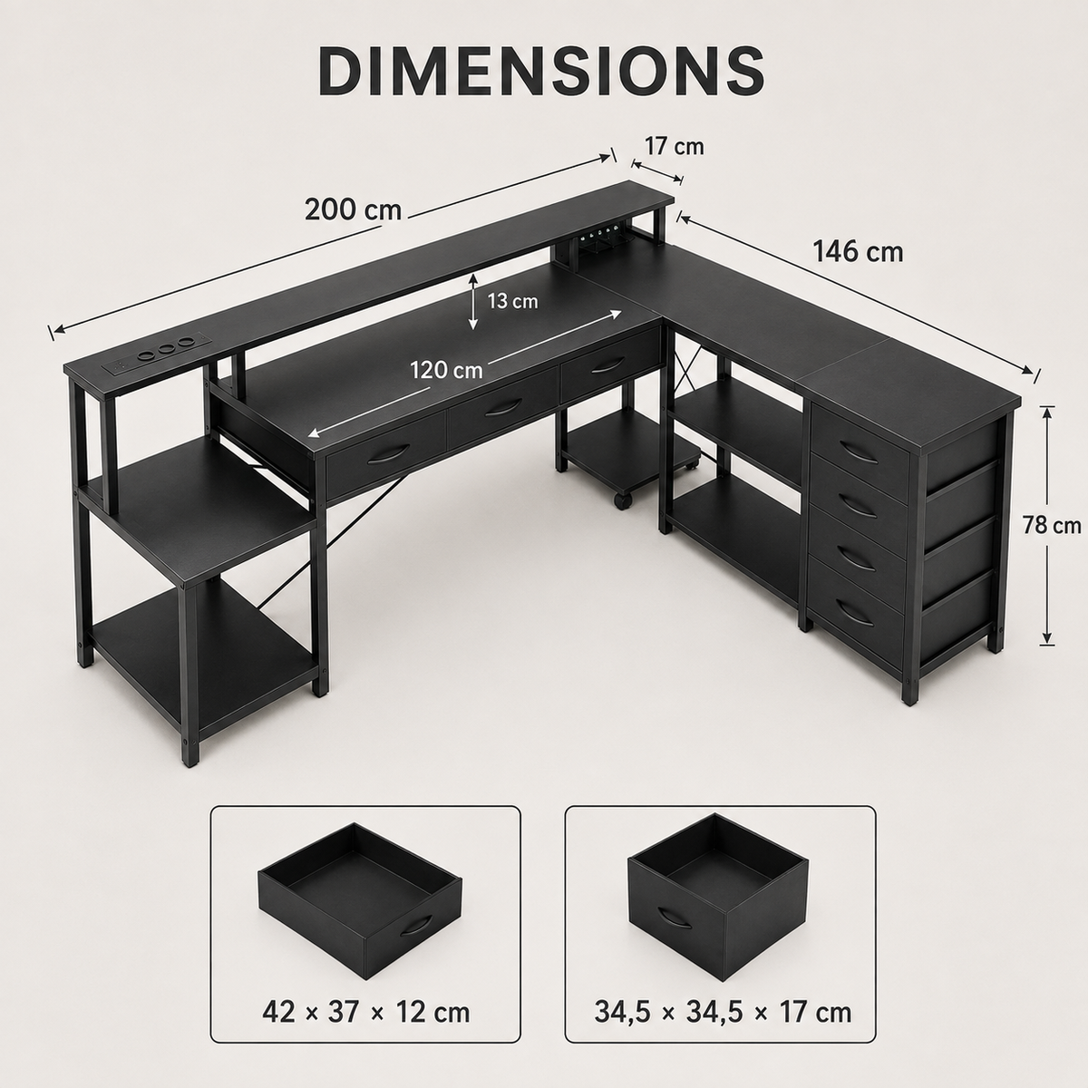 Bureau d'angle 200 cm noir avec rangement, LED et USB