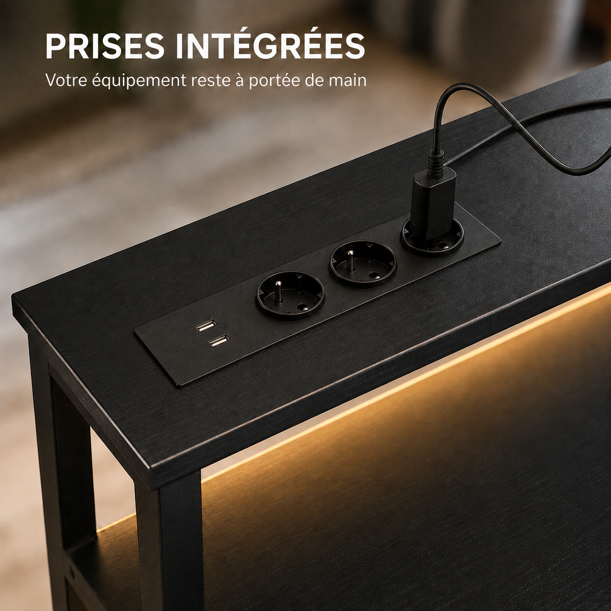 Bureau d'angle 200 cm noir avec rangement, LED et USB