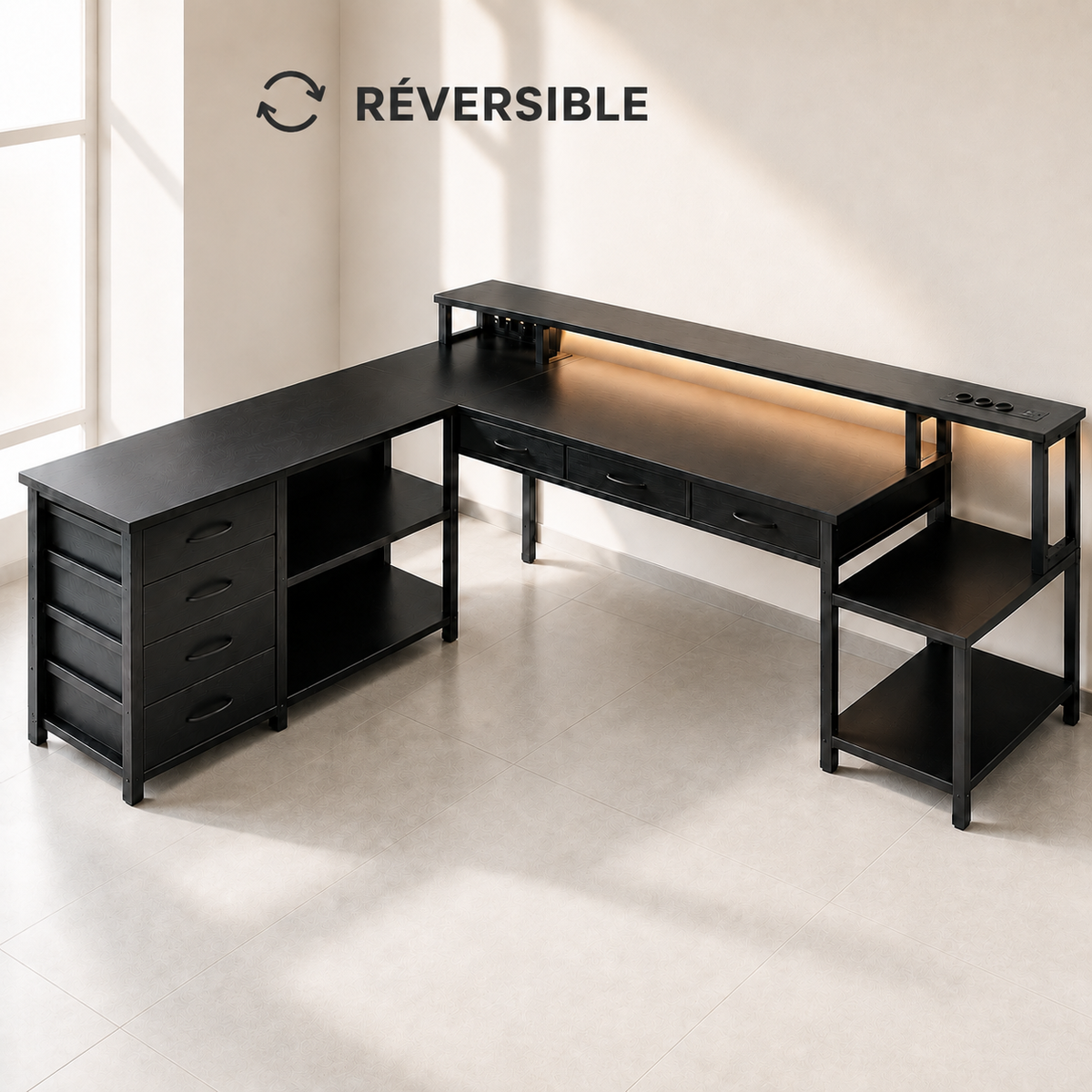 Bureau d'angle 200 cm noir avec rangement, LED et USB