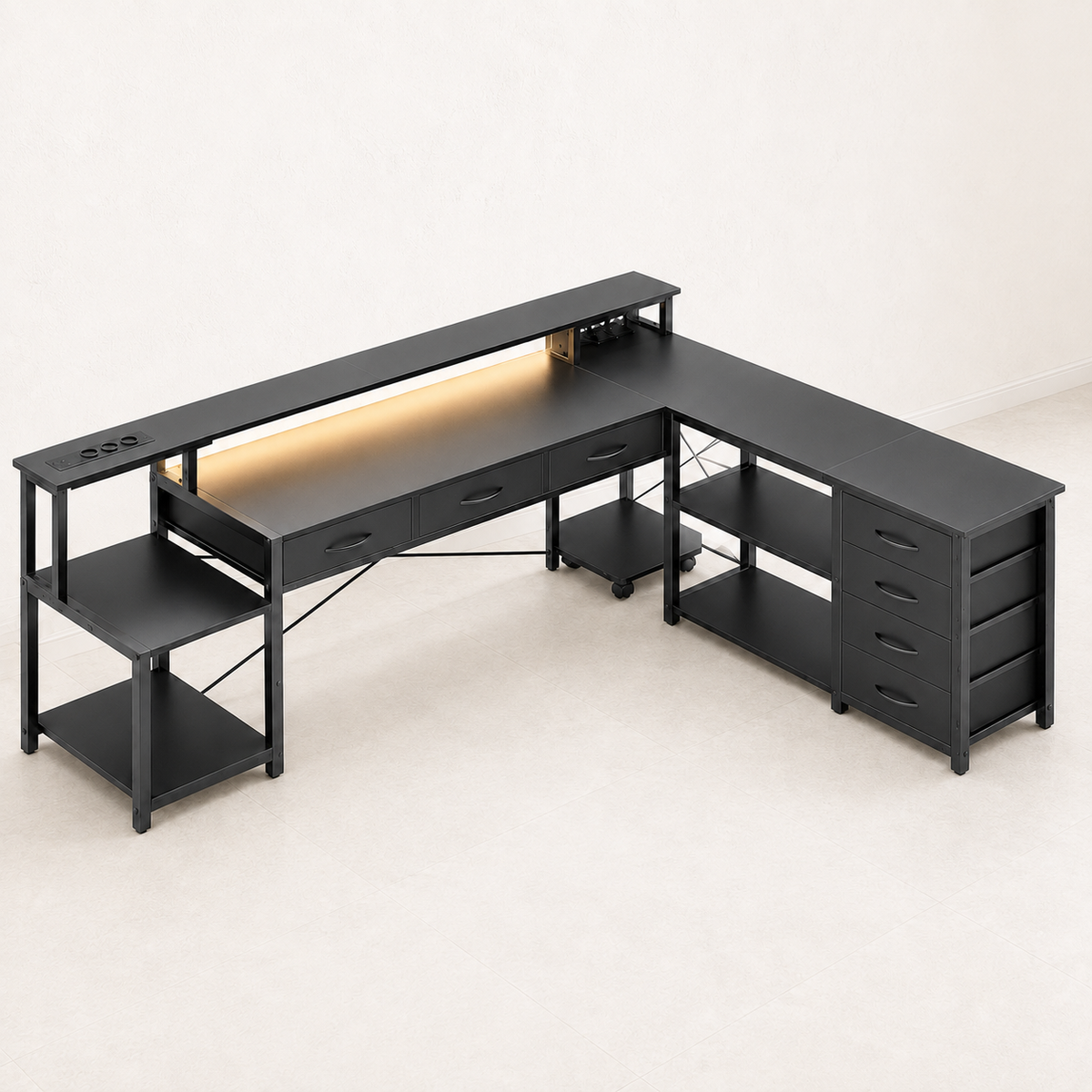 Bureau d'angle 200 cm noir avec rangement, LED et USB