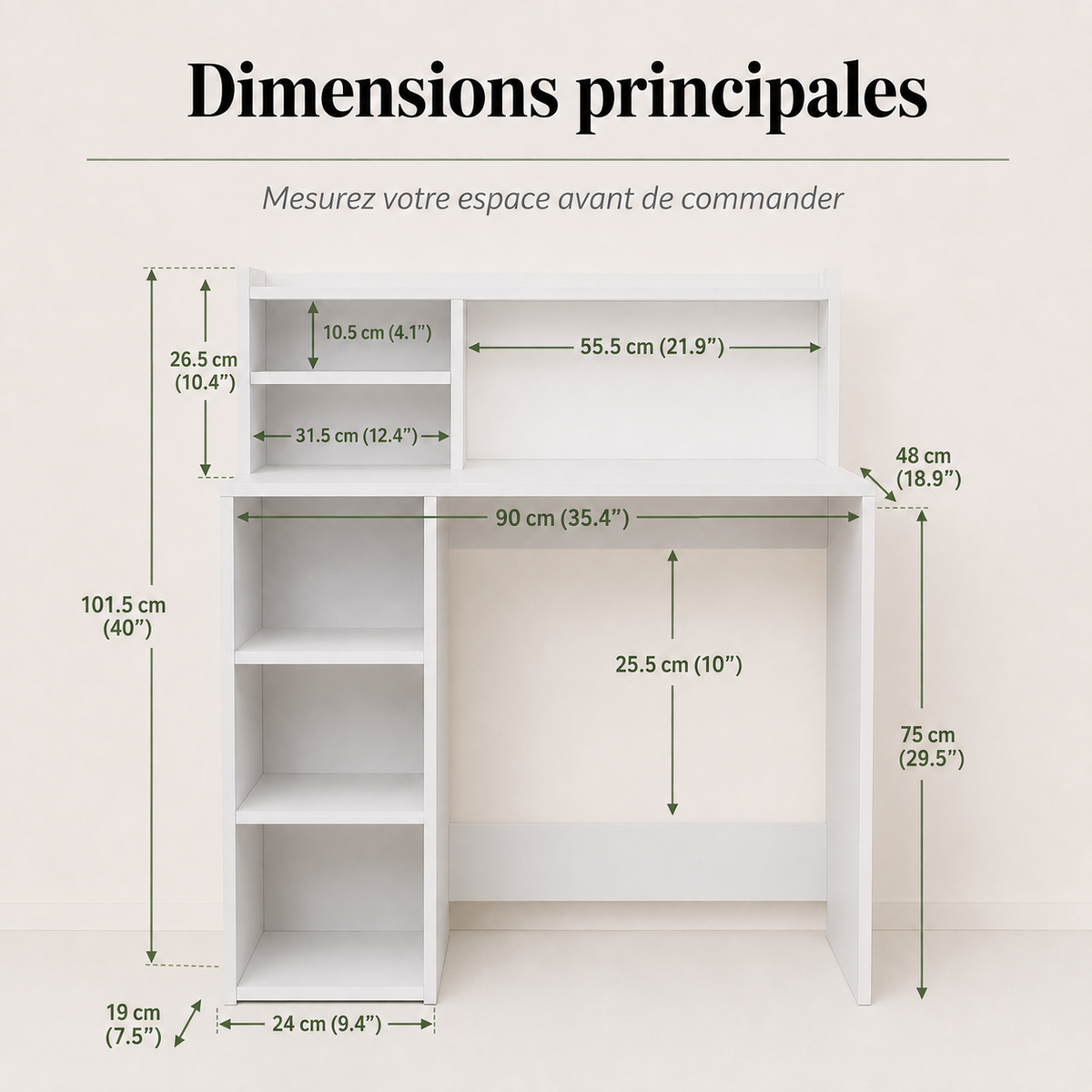 Bureau avec bibliothèque gain de place 90 cm avec rangements