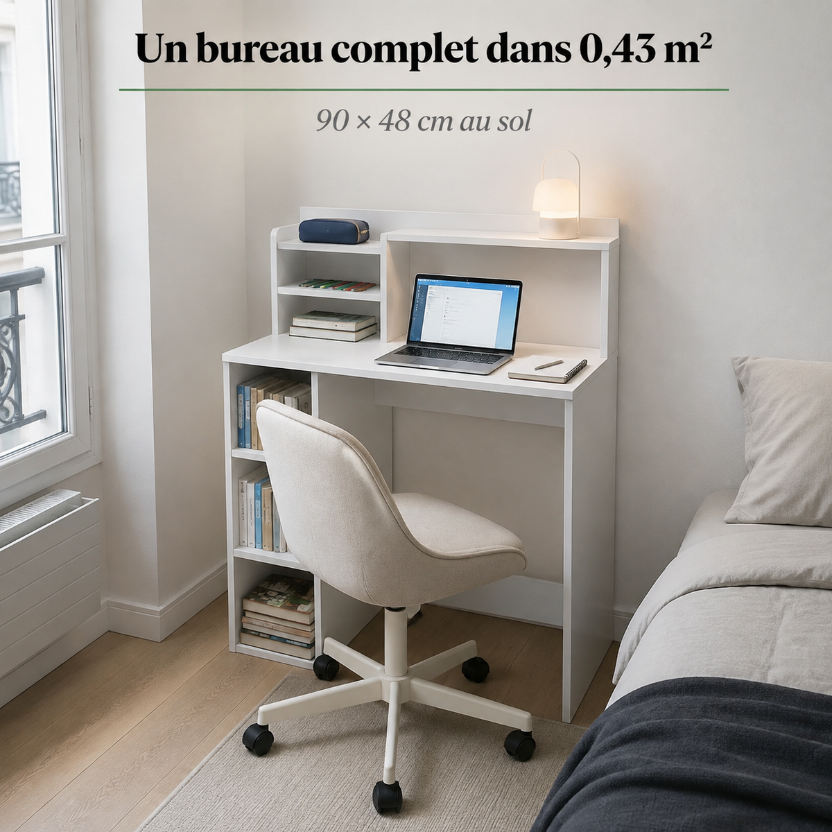 Bureau avec bibliothèque gain de place 90 cm avec rangements