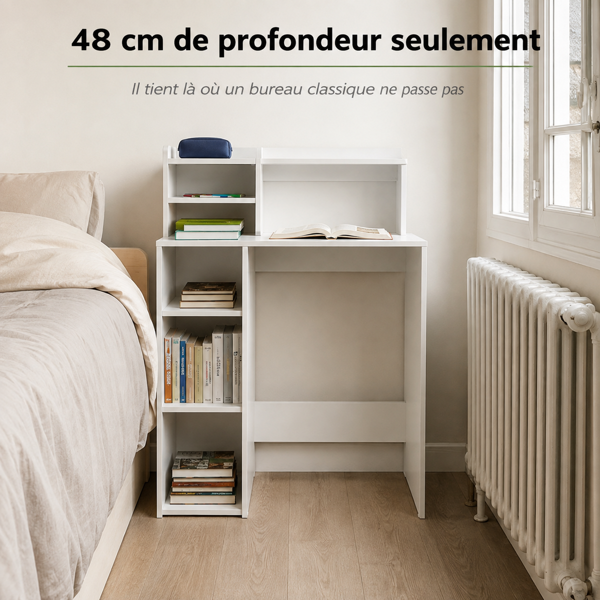 Bureau avec bibliothèque gain de place 90 cm avec rangements