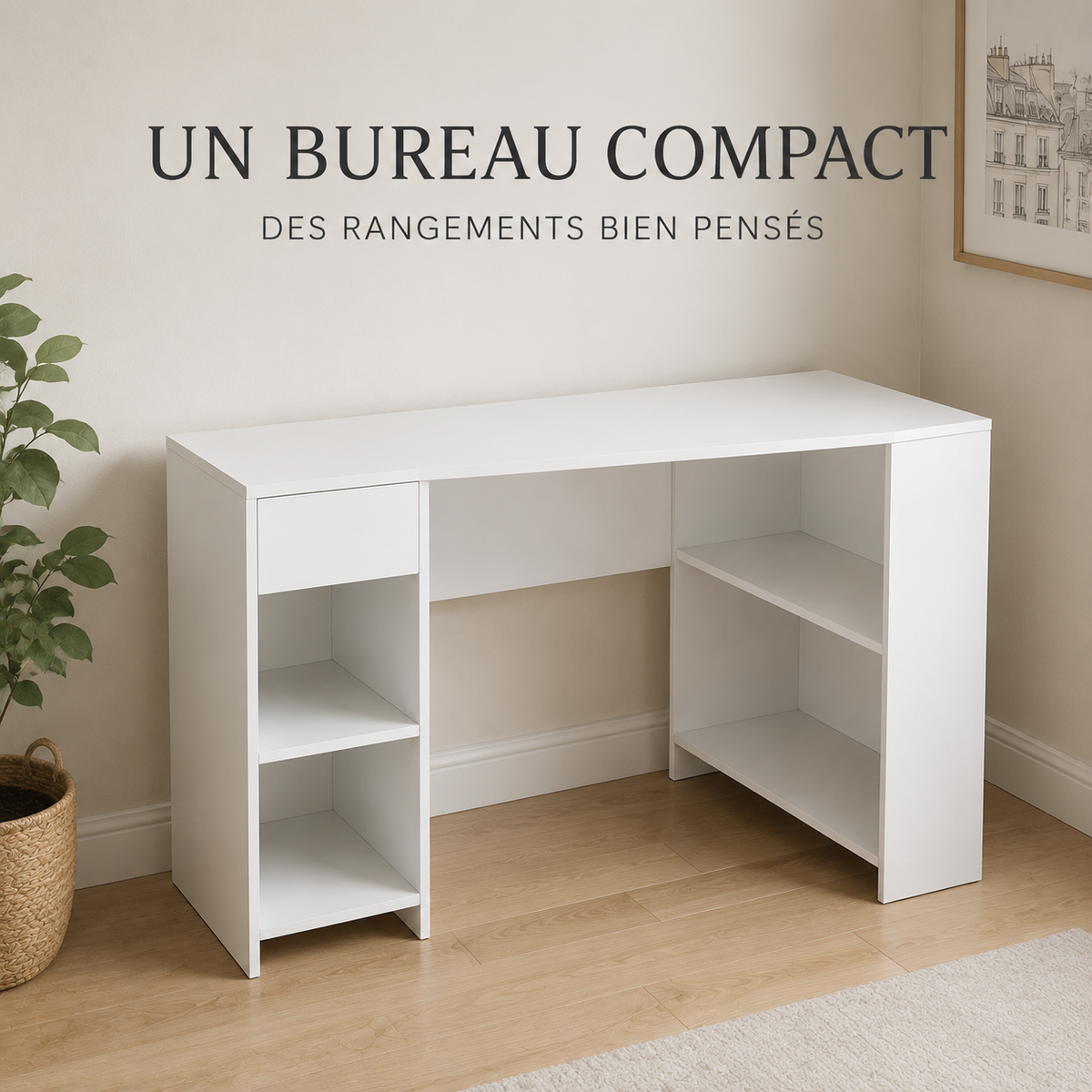 Bureau d’angle avec bibliothèque gain de place 120 cm et tiroir