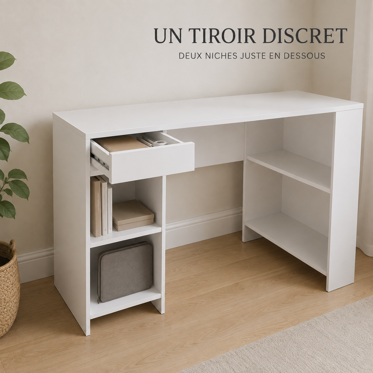 Bureau d’angle avec bibliothèque gain de place 120 cm et tiroir