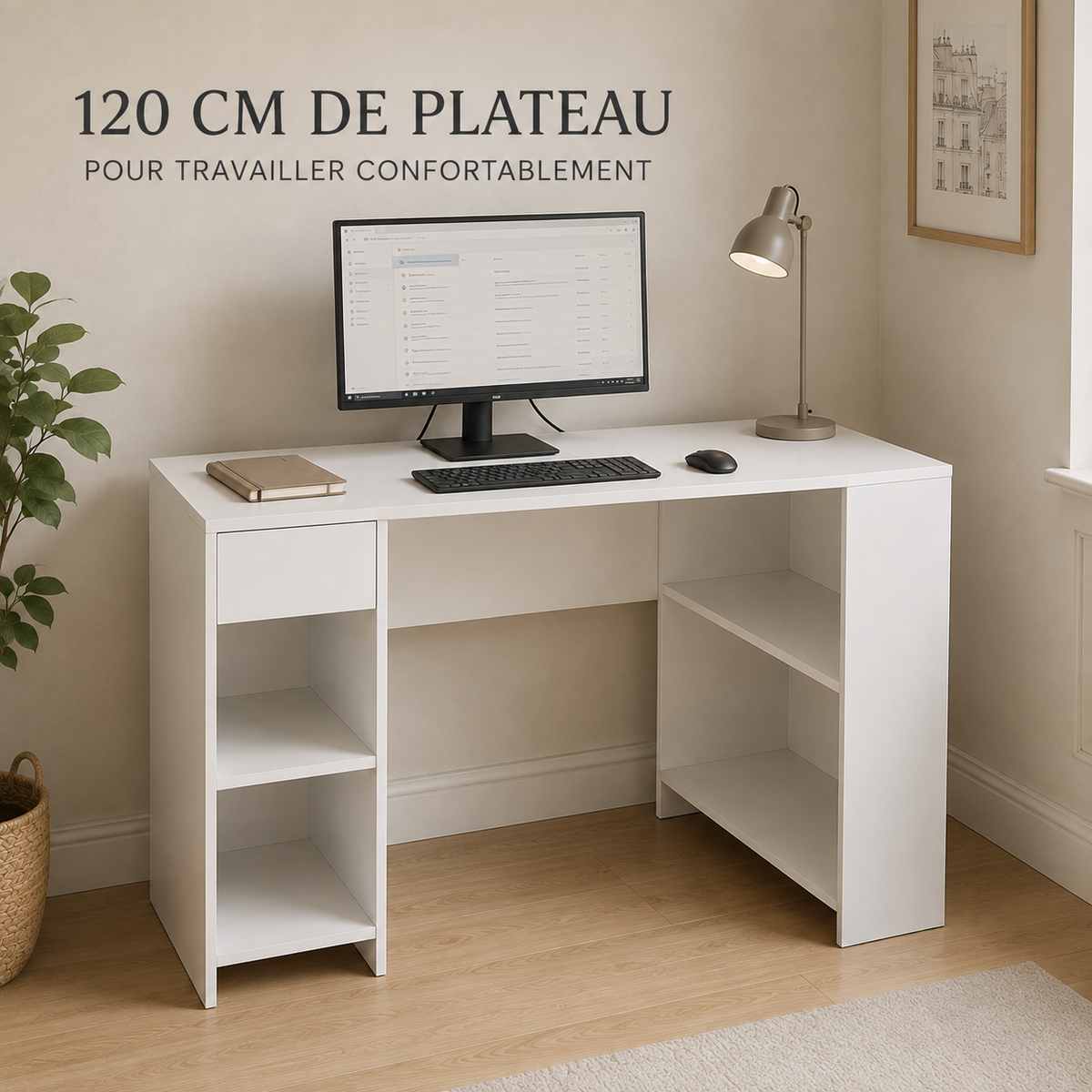 Bureau d’angle avec bibliothèque gain de place 120 cm et tiroir