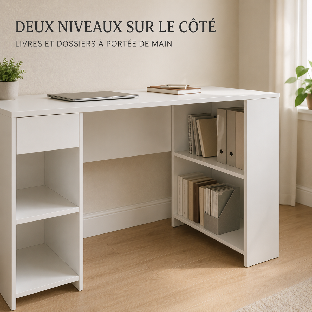 Bureau d’angle avec bibliothèque gain de place 120 cm et tiroir