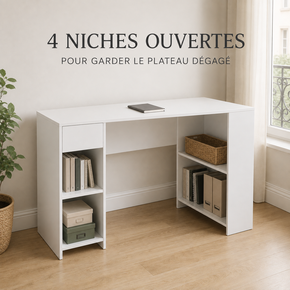 Bureau d’angle avec bibliothèque gain de place 120 cm et tiroir