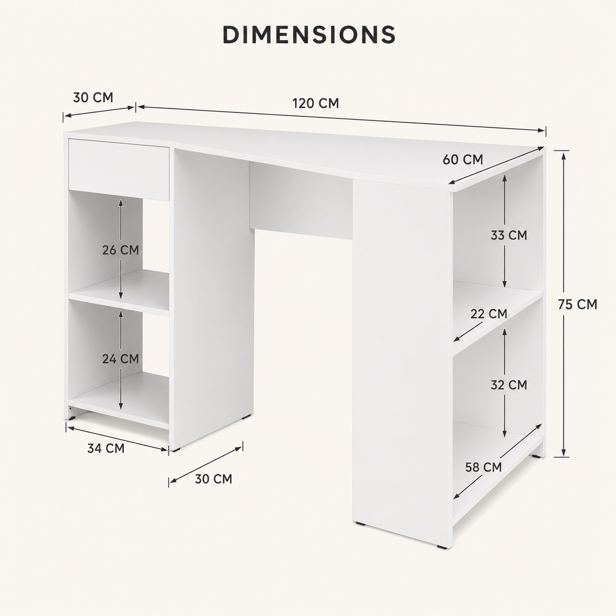 Bureau d’angle avec bibliothèque gain de place 120 cm et tiroir