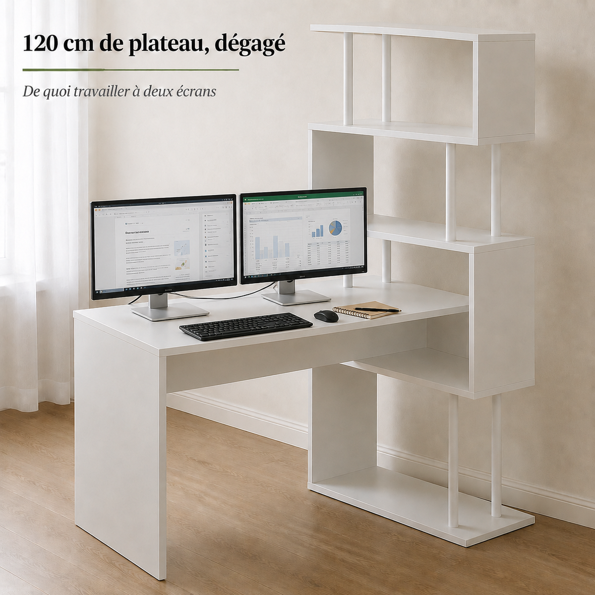 Bureau d’angle avec bibliothèque gain de place et étagère 4 niveaux