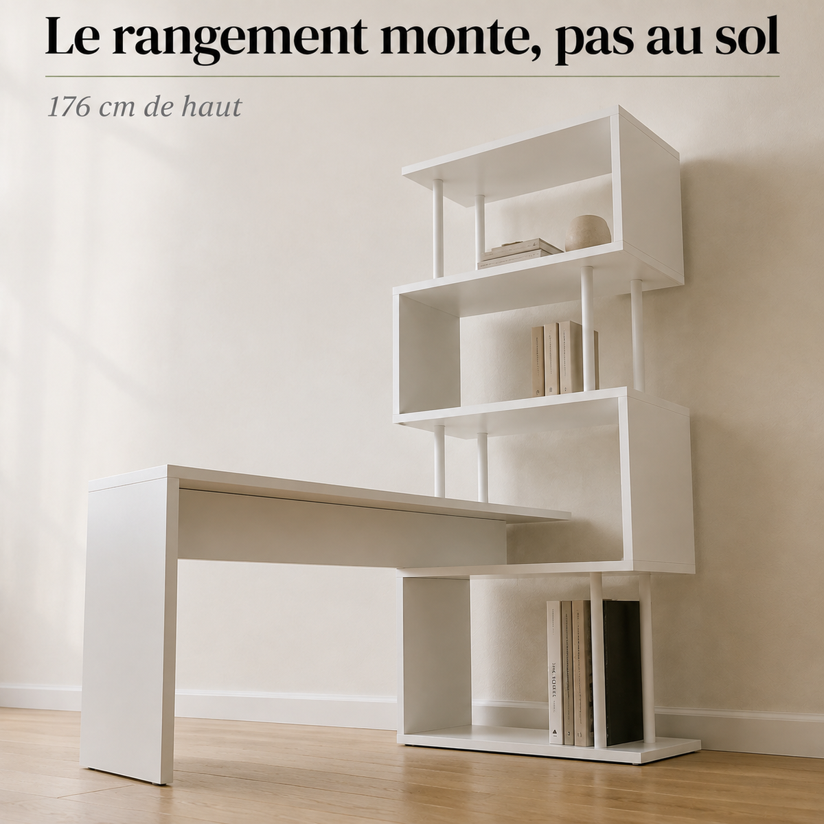 Bureau d’angle avec bibliothèque gain de place et étagère 4 niveaux