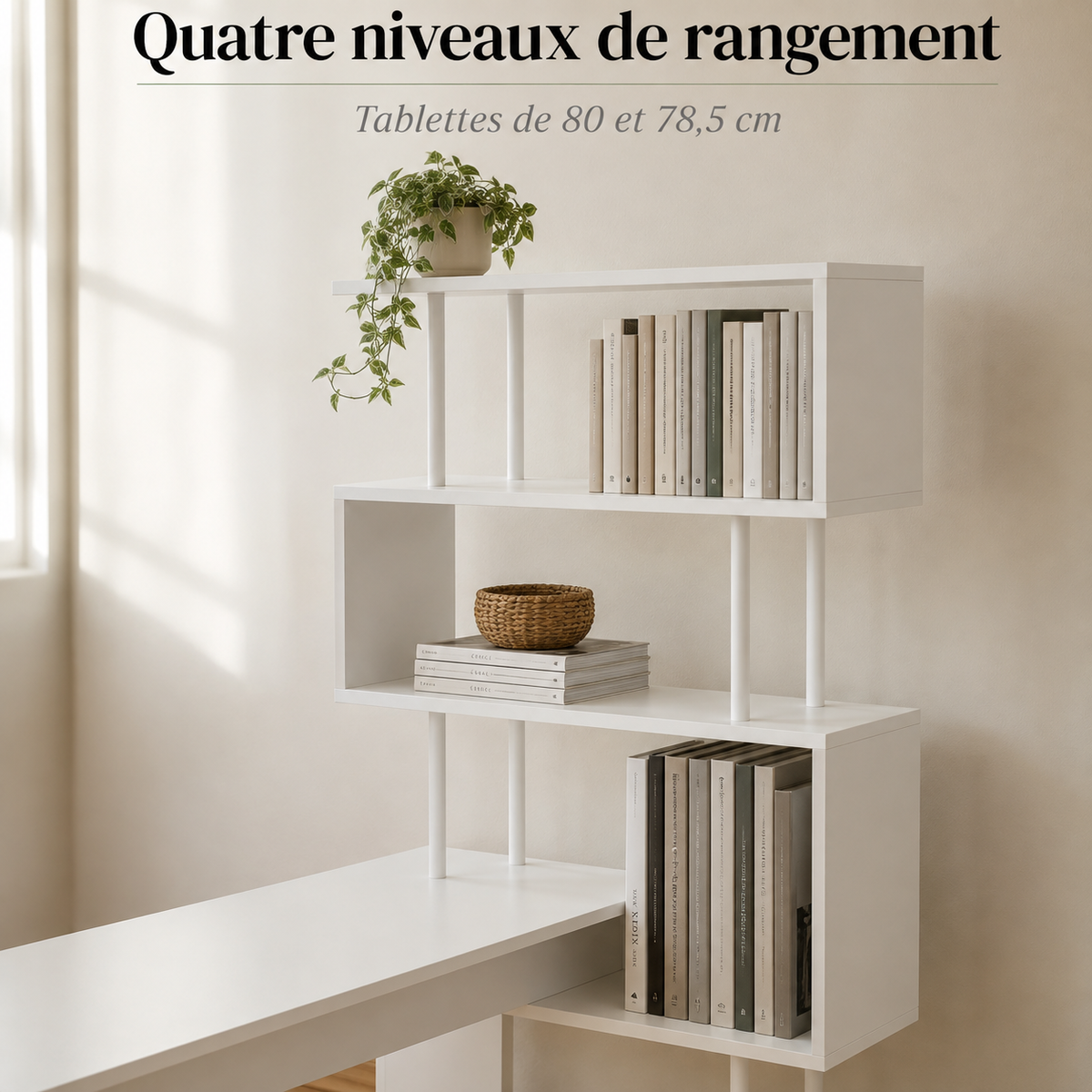 Bureau d’angle avec bibliothèque gain de place et étagère 4 niveaux