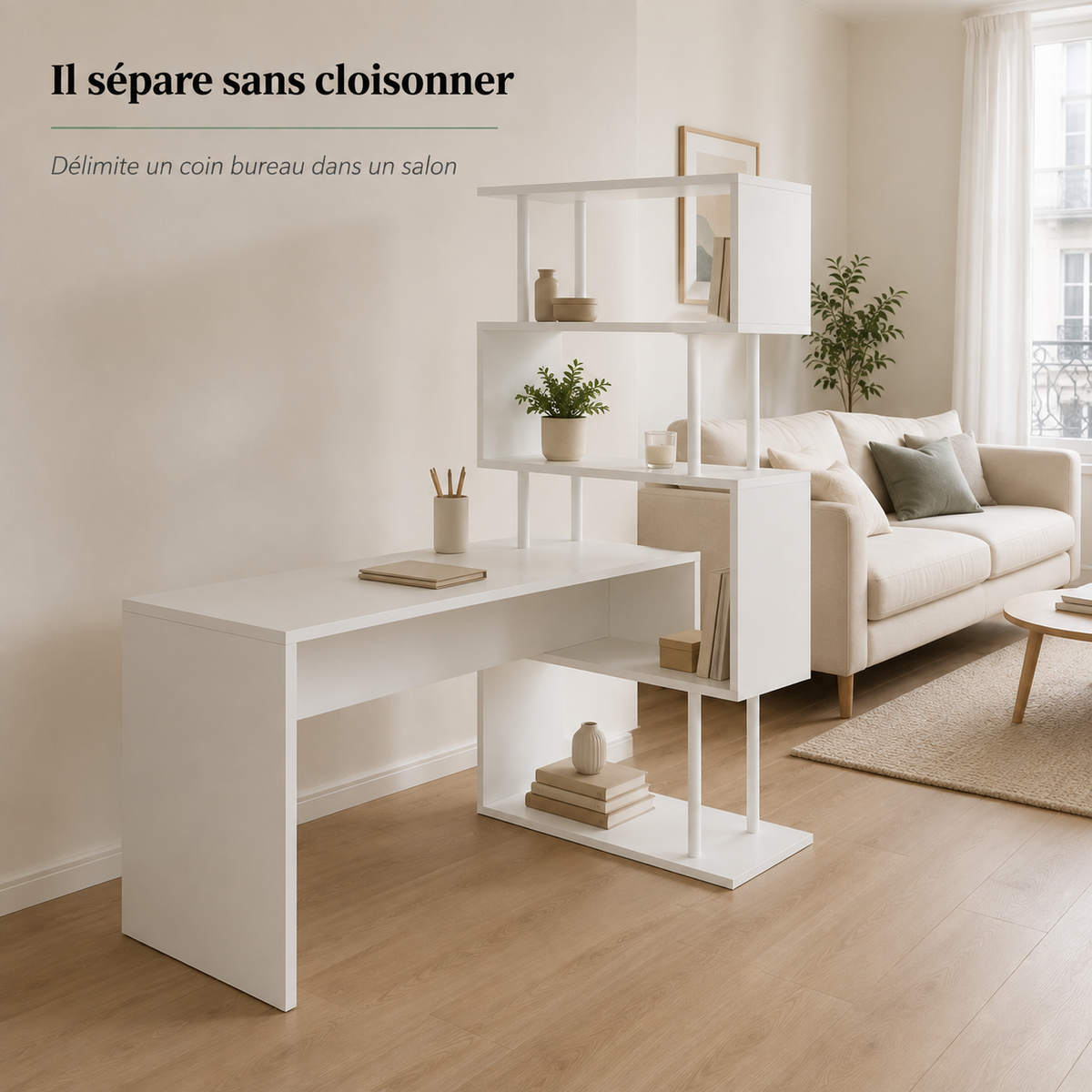Bureau d’angle avec bibliothèque gain de place et étagère 4 niveaux