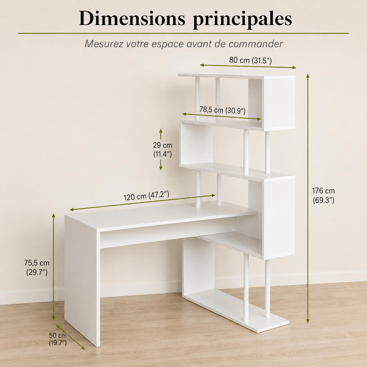Bureau d’angle avec bibliothèque gain de place et étagère 4 niveaux