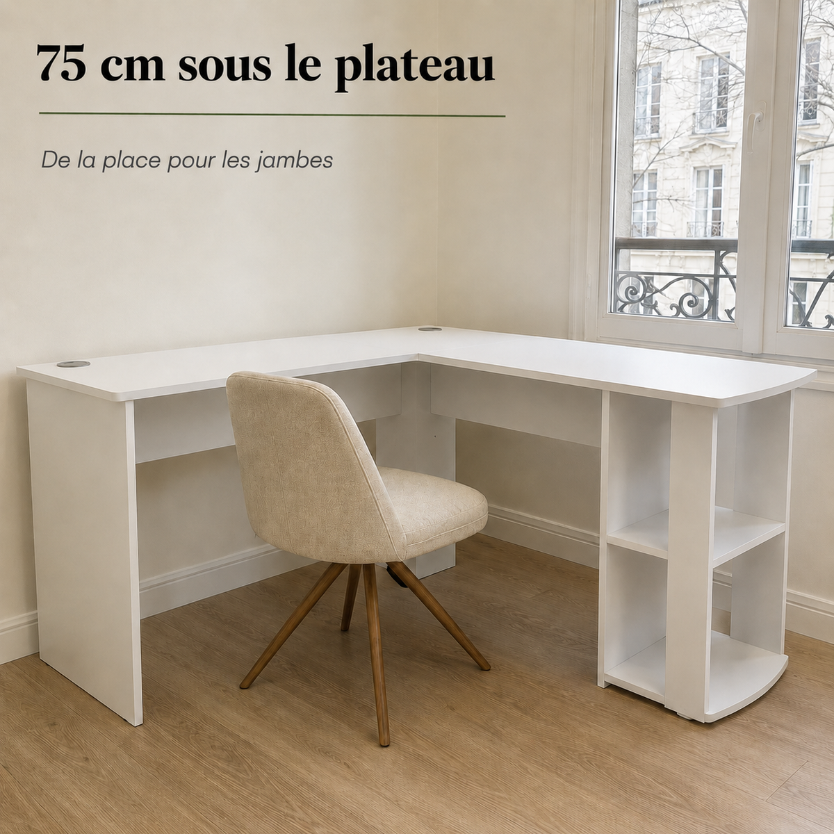 Bureau d’angle en L blanc 140 cm avec étagères