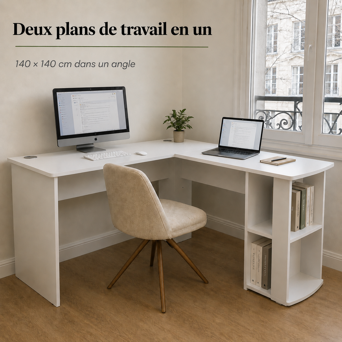 Bureau d’angle en L blanc 140 cm avec étagères