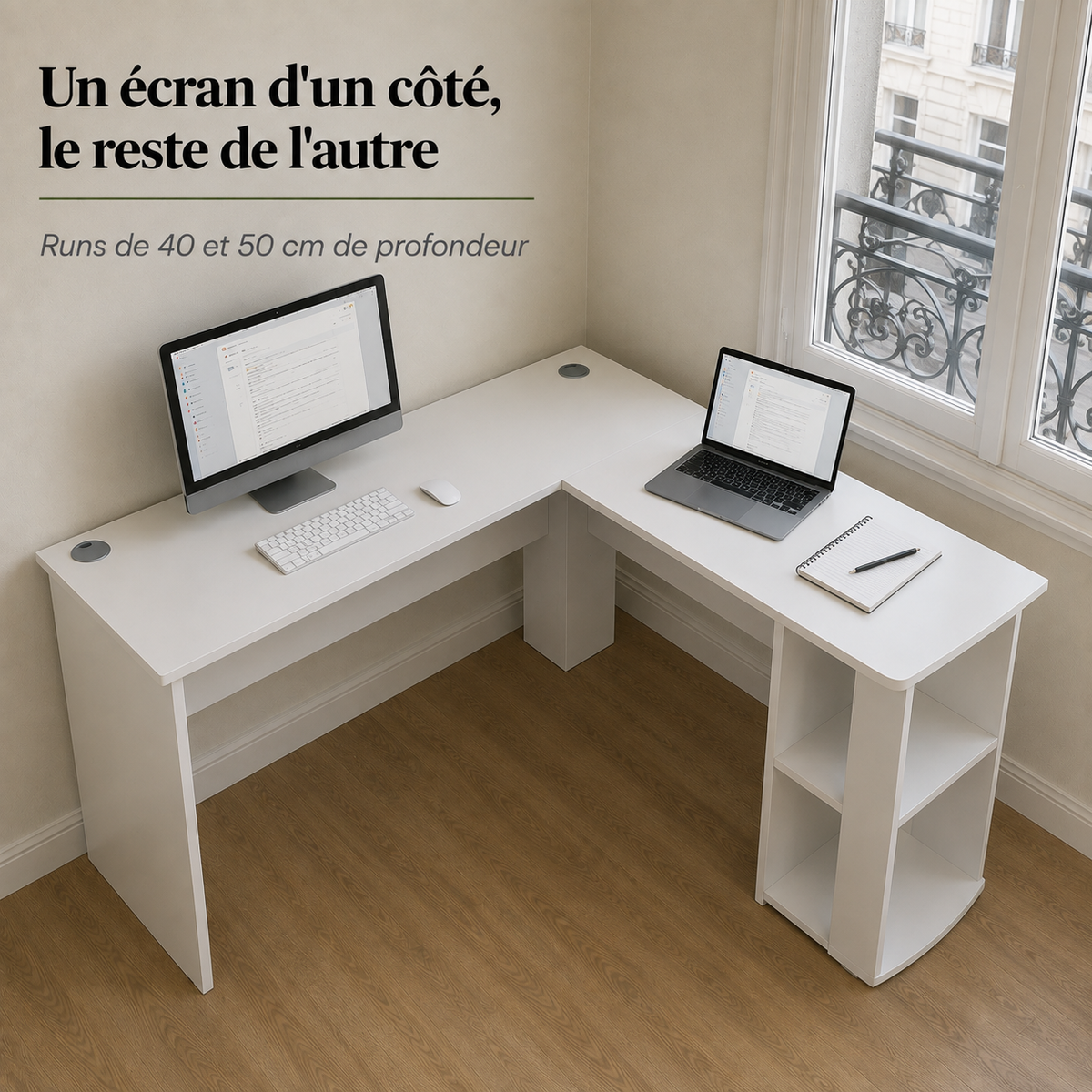 Bureau d’angle en L blanc 140 cm avec étagères