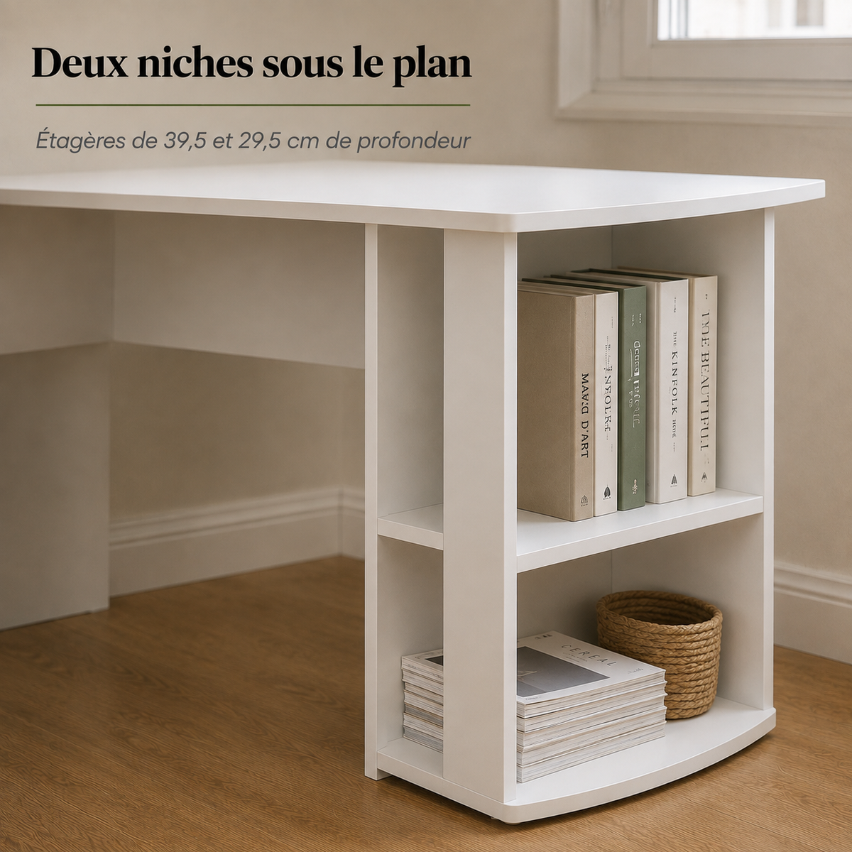 Bureau d’angle en L blanc 140 cm avec étagères