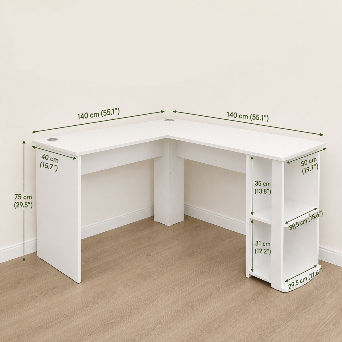 Bureau d’angle en L blanc 140 cm avec étagères