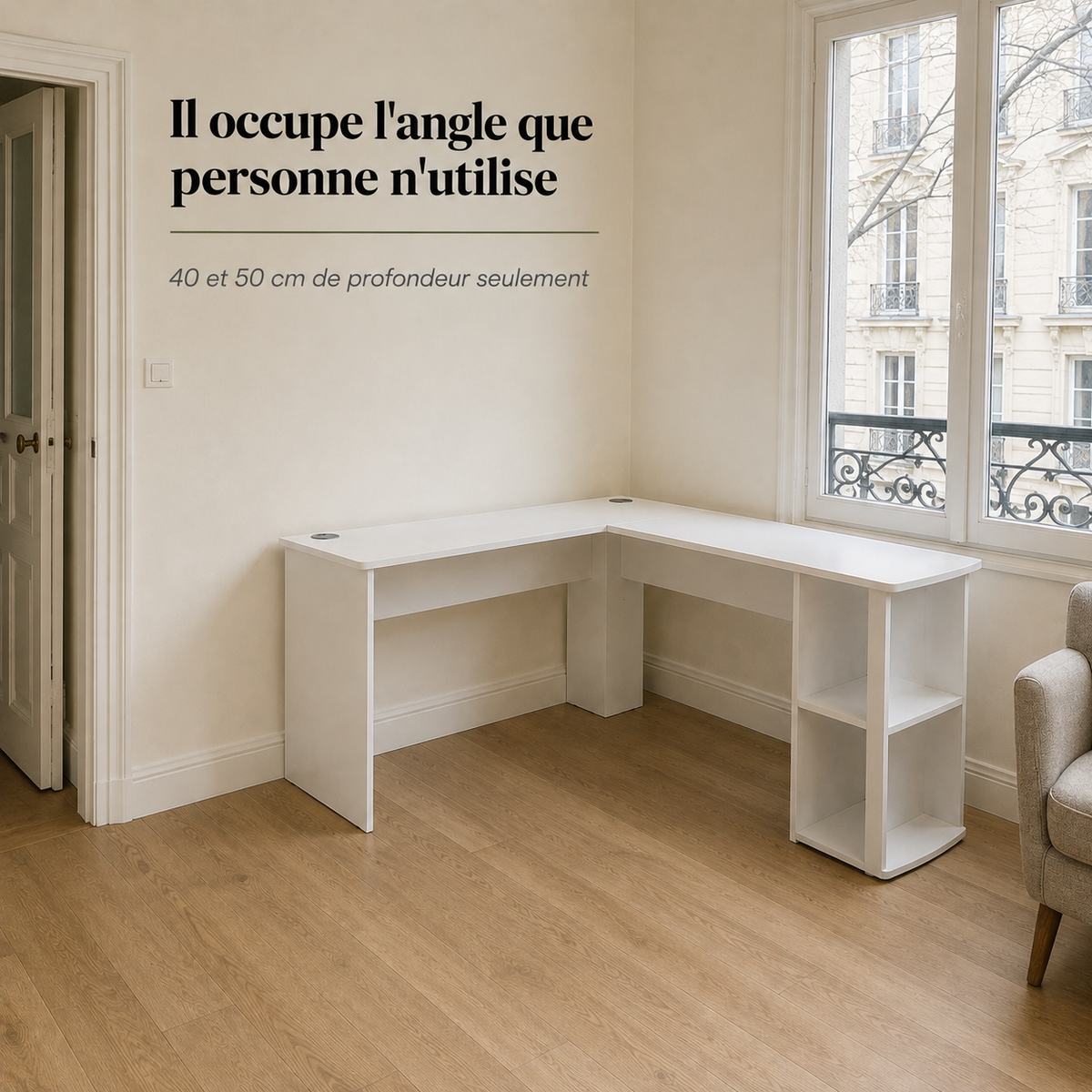 Bureau d’angle en L blanc 140 cm avec étagères