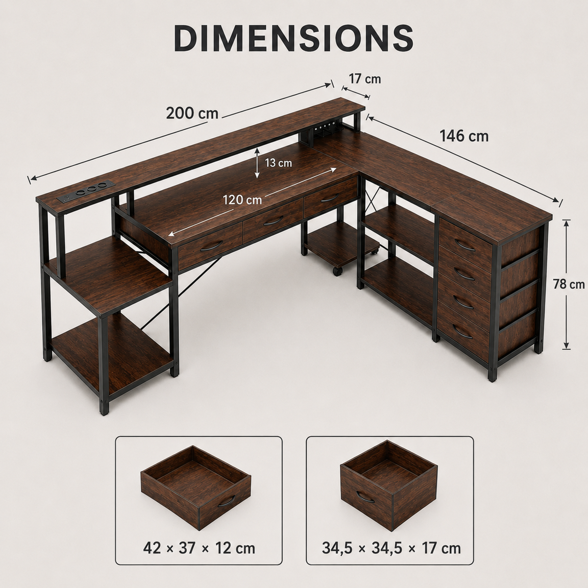 Bureau d'angle 200 cm marron avec rangement, LED et USB