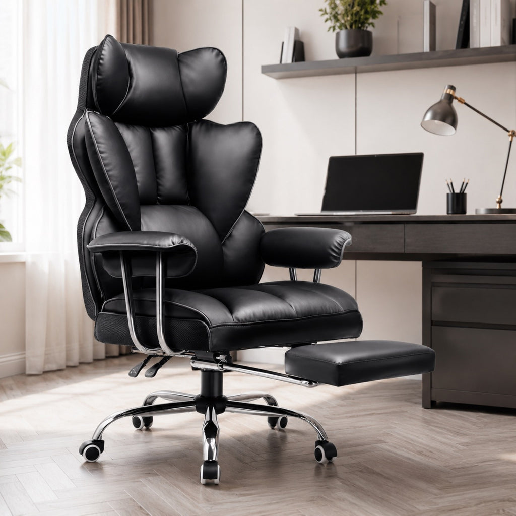 Chaise de bureau ergonomique en cuir avec repose-pieds | StJean-Workspace