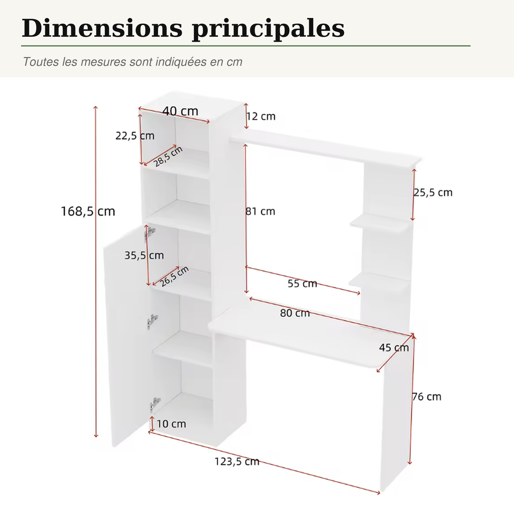 Bureau avec bibliothèque gain de place 123,5 cm et rangements intégrés