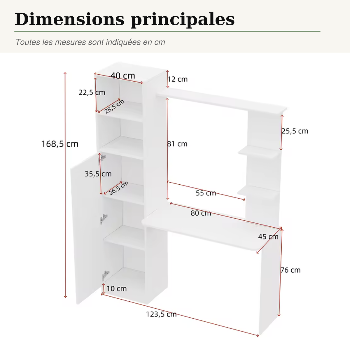 Bureau avec bibliothèque gain de place 123,5 cm et rangements intégrés